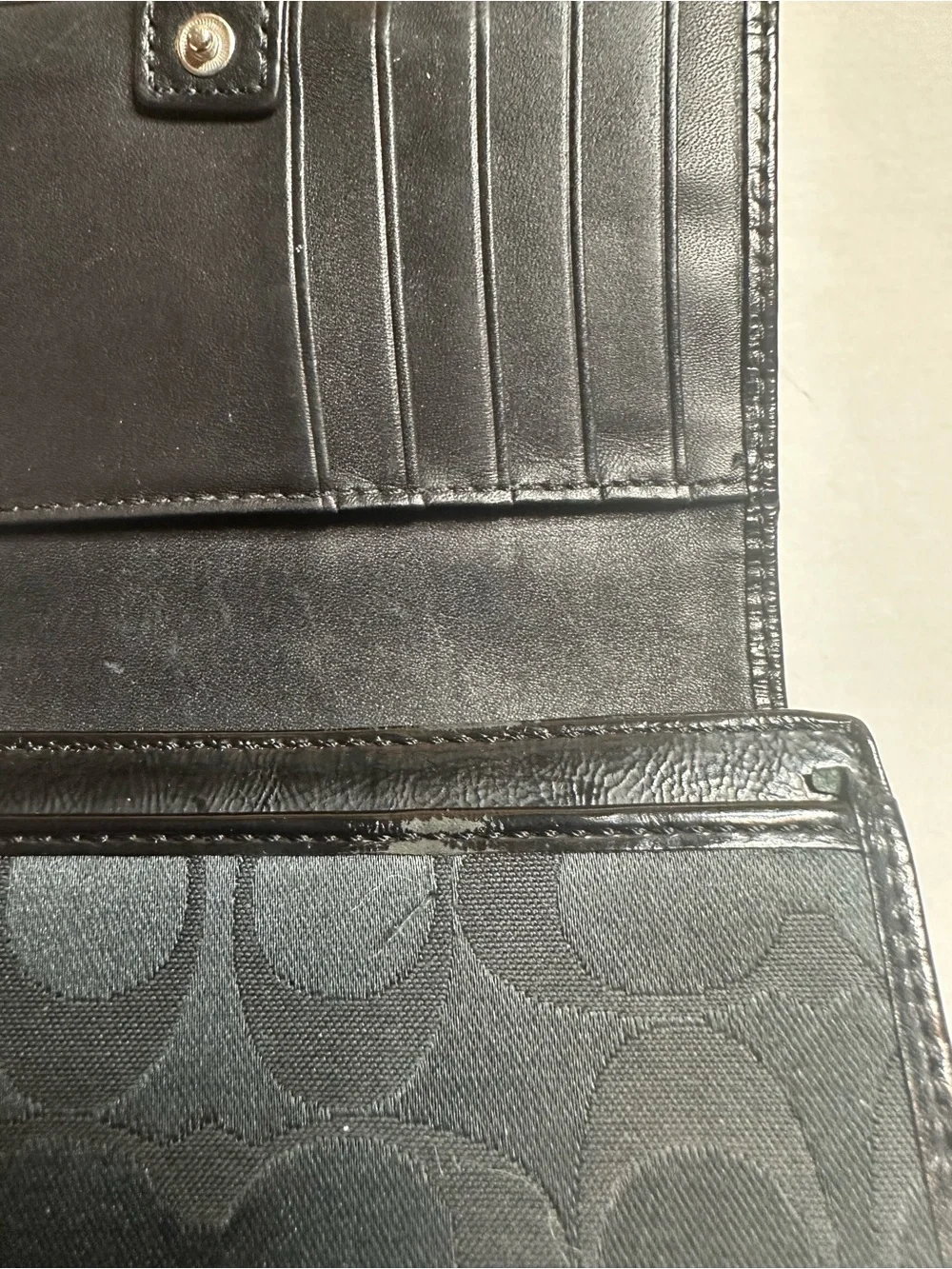 Coach Black Signature Logo Compact Wallet with Silver Logo